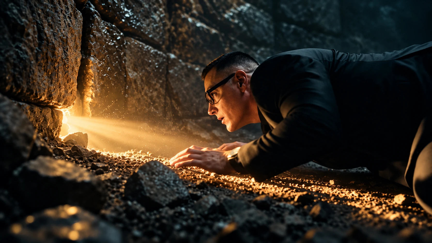 Cinematic scene of a man discovering a beam of light in a dark stone cave